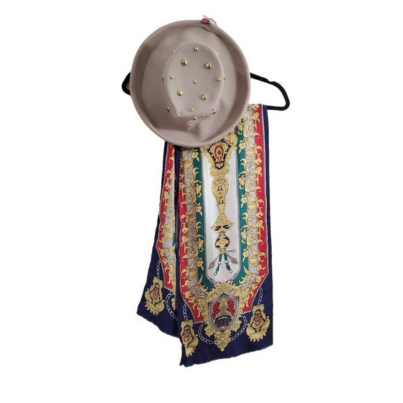 Oscar de la Renta Accessories - Hat Scarf Set Silk Oscar De La Renta Gold Bauble Bollman Wool Tan Navy Beige